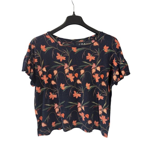Loft Linen Floral Short Sleeve Top Size S Navy Orange Green White Boxy Boho - Picture 1 of 3